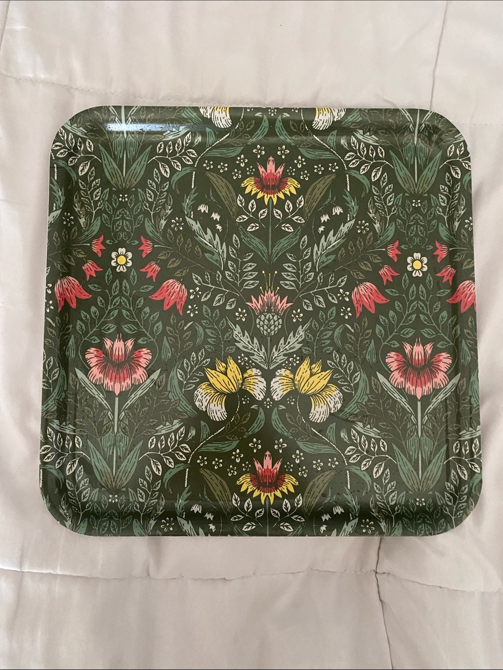 Floral Pattern Square Tray in Dark Green with Pink & Yellow Flowers ✨